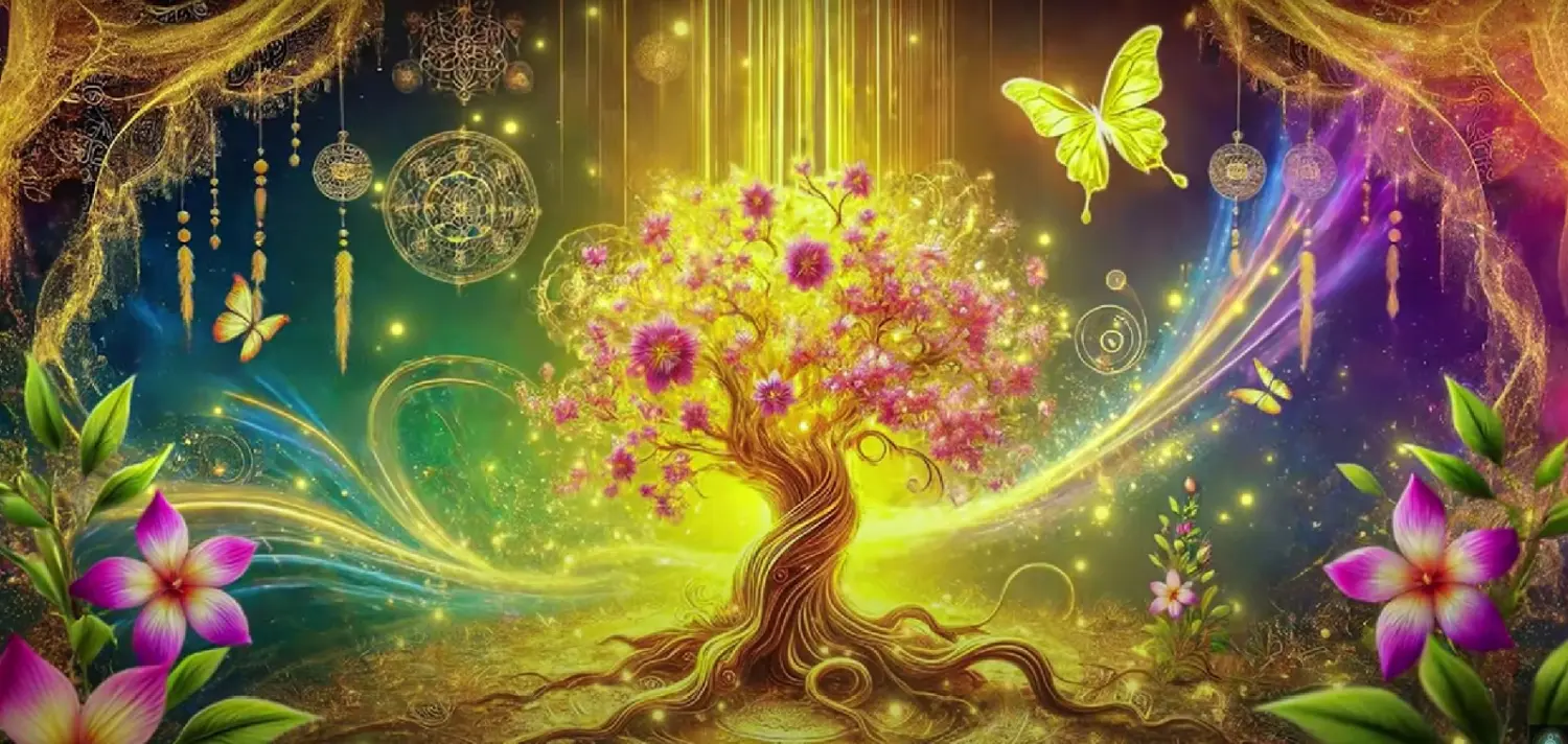 Herzraum - blühender Baum, umgeben von Energiewellen und kosmischen Chakren und einem Schmetterling